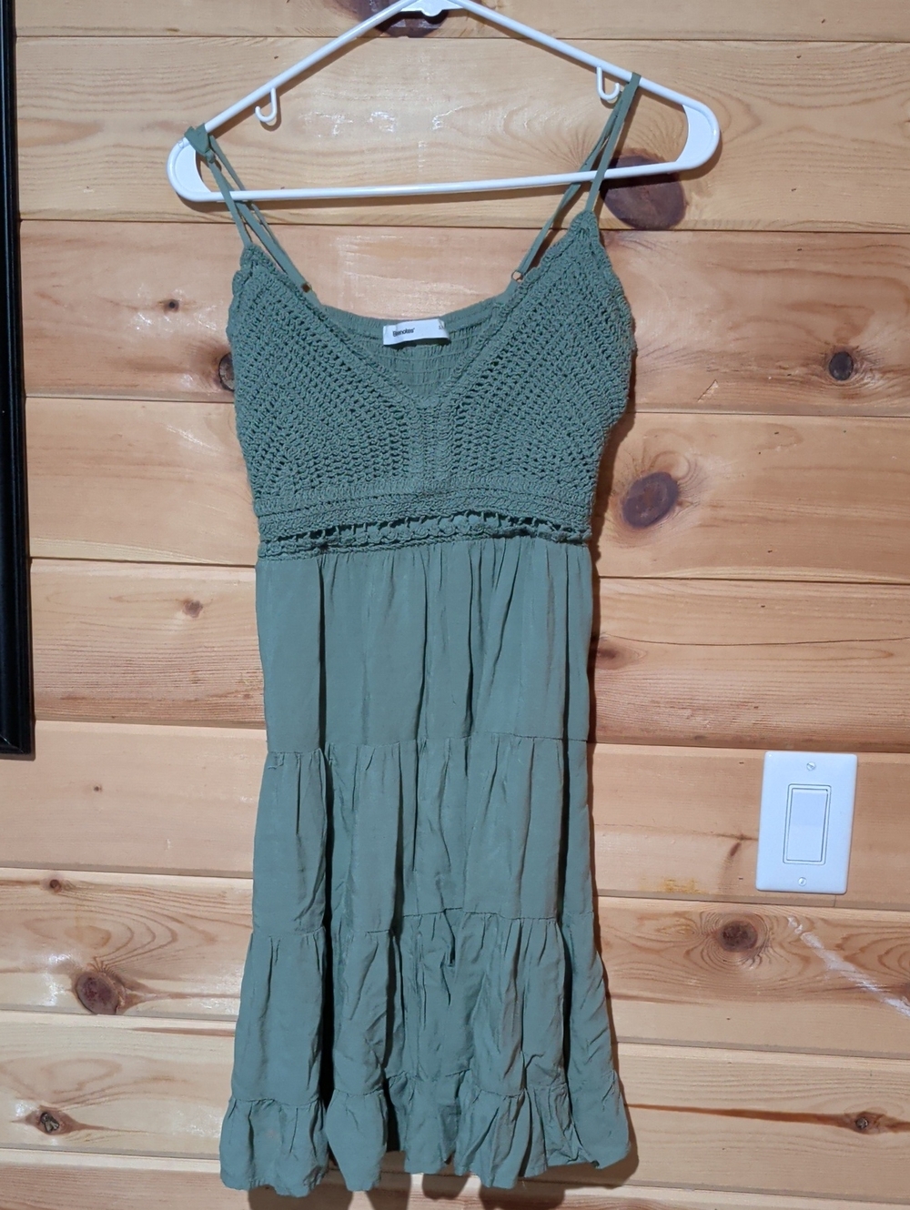 Bluenotes Olive Green Crochet Bodice Tiered Mini Dress
